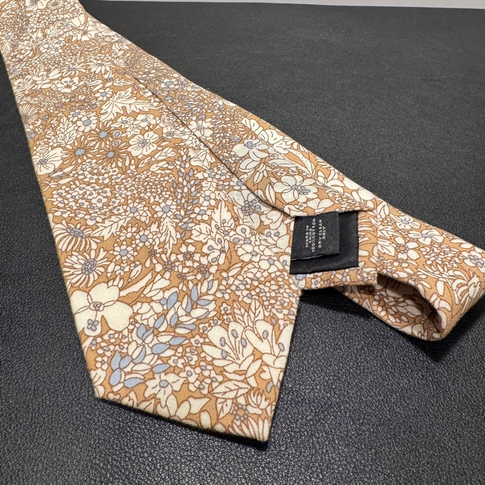 Express Tie Slim Tan Blue Floral 100% Cotton Necktie Narrow Modern Wedding
